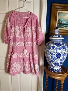 Rose and Rose Boho Pink & White Embroidered Babydoll Mini Dress Size Small